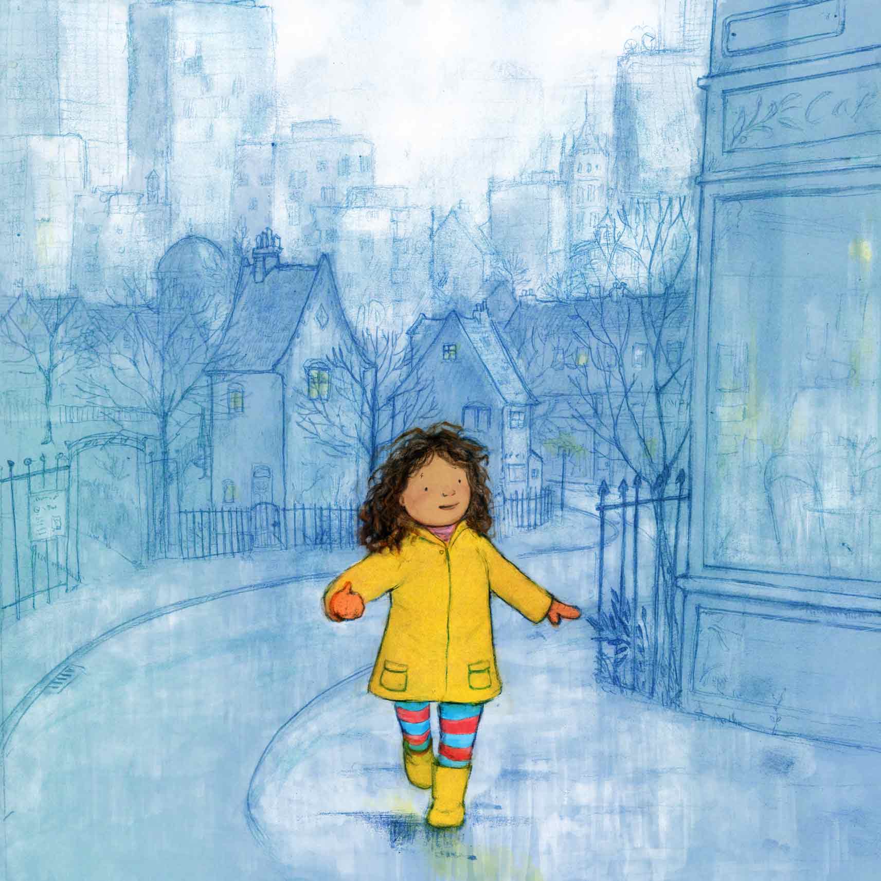 illustration girl walking in the rain rainy street book cover