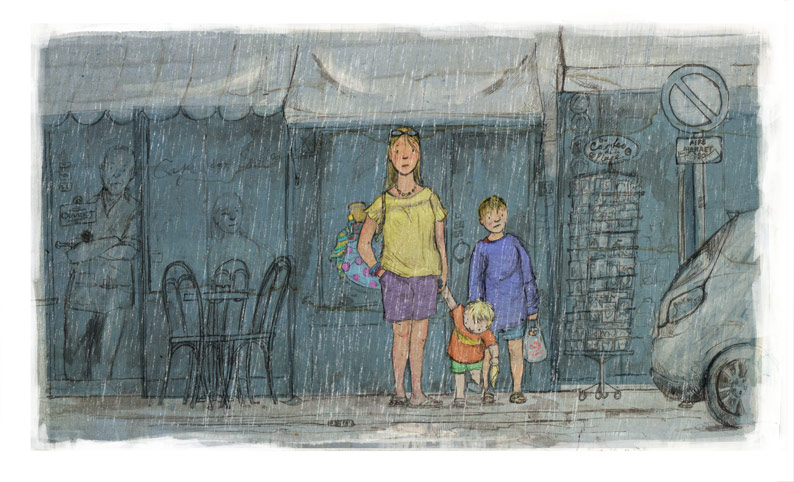 illustration family mum two boys sheltering rain cafe shop