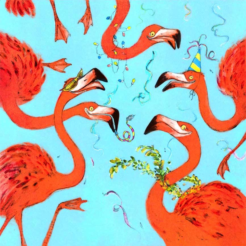 illustration of flamingoes in party accessories celebrating greeting card design