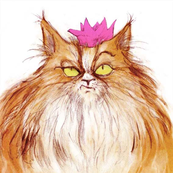 greeting card angry long haired cat wearing a party hat illustration pencil digital