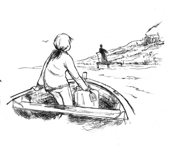 illustration girl in boat going to island figure waiting on jetty