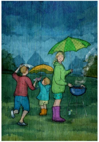 illustration family mum two sons boys barbeque in the rain umbrellas