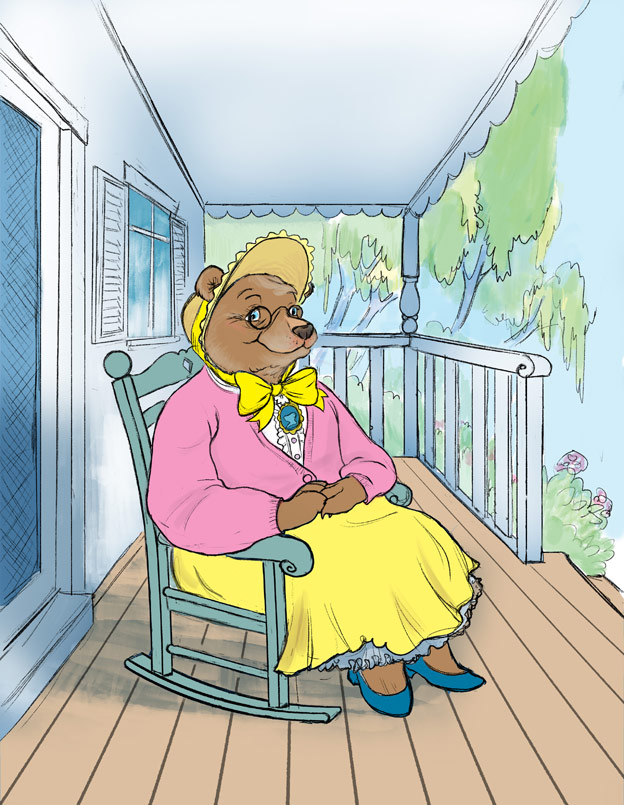 illustration bear sitting in rocking chair on veranda pompidou