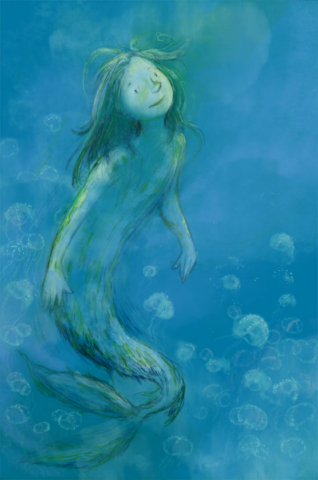Mermaid in the blue sea, children's illustration, kidlit, kitlit art